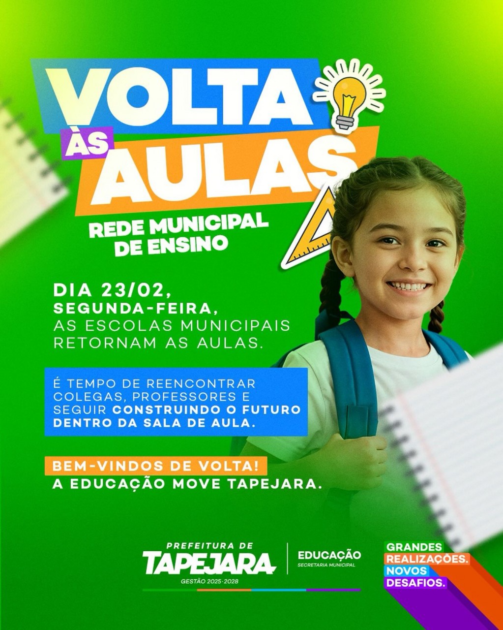 Rede Municipal de Tapejara volta às aulas no dia 23 de fevereiro