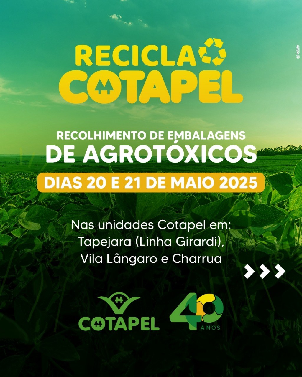 Cotapel promove campanha de reciclagem de embalagens de agrotóxicos nos dias 20 e 21 de maio