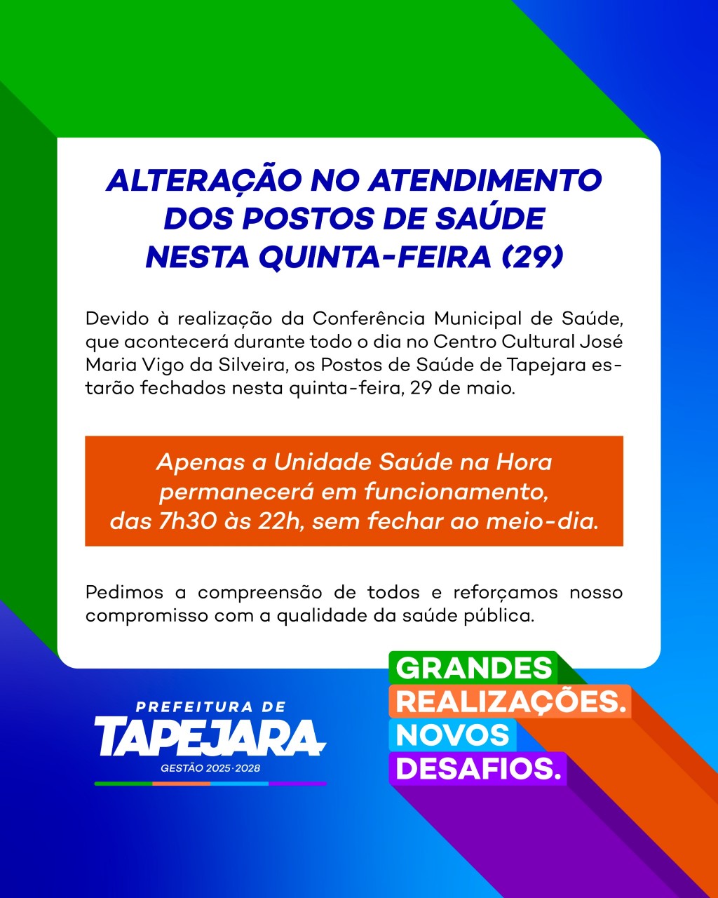 Postos de Saúde de Tapejara terão atendimento alterado nesta quinta-feira (29)